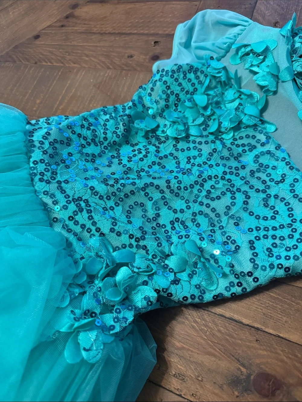 Weissman Teal Sequin Floral Tulle Dance Dress
